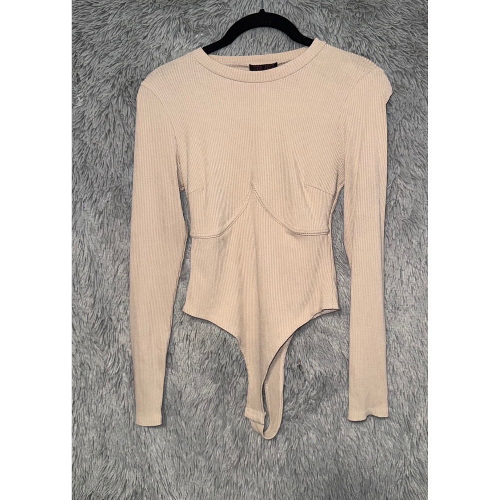Hot Miami Styles Beige Ribbed Long Sleeve Corset Bodysuit‎